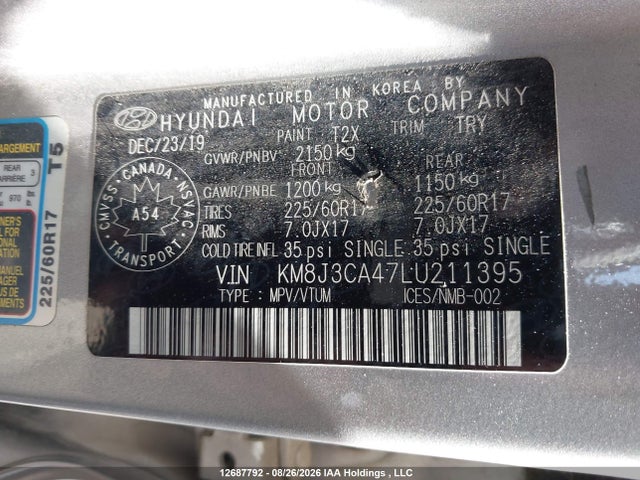 2020 Hyundai Tucson Limited/sel/sport/ultimate/value მანქანა იყიდება აუქციონზე, vin: KM8J3CA47LU211395, აუქციონის ნომერი: 12687792