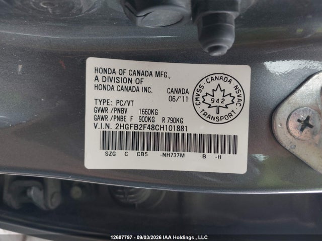 12687797 :رقم المزاد ، 2HGFB2F48CH101881 vin ، 2012 Honda Civic Lx مزاد بيع