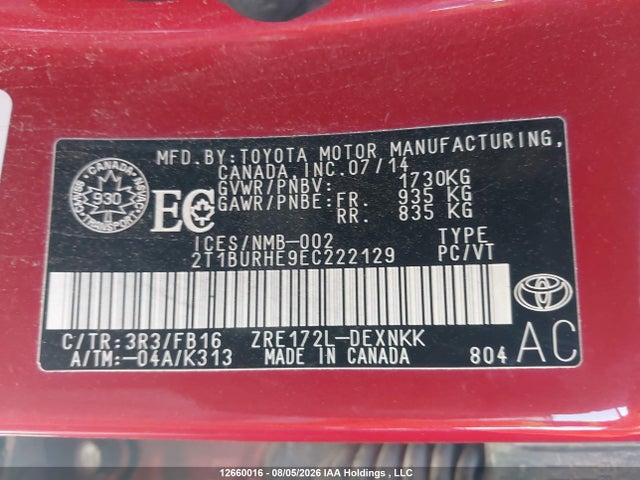 Toyota COROLLA LE 2014 2T1BURHE9EC222129 Image 9