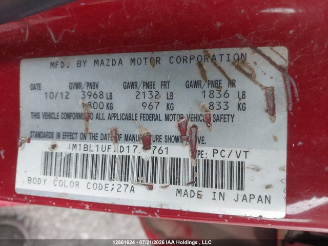 2013 Mazda Mazda3 Gx მანქანა იყიდება აუქციონზე, vin: JM1BL1UFXD1737761, აუქციონის ნომერი: 12661624