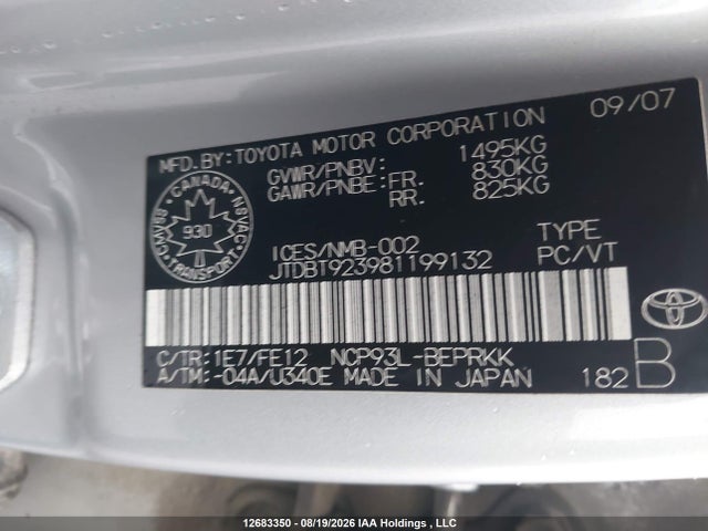 12683350 :رقم المزاد ، JTDBT923981199132 vin ، 2008 Toyota Yaris مزاد بيع
