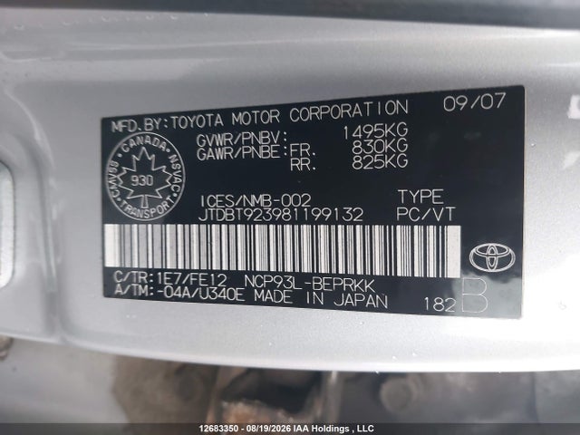 12683350 :رقم المزاد ، JTDBT923981199132 vin ، 2008 Toyota Yaris مزاد بيع