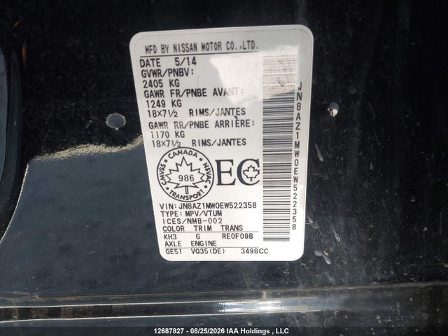 JN8AZ1MW0EW522358 Nissan Murano Platinum/s/sl/sv