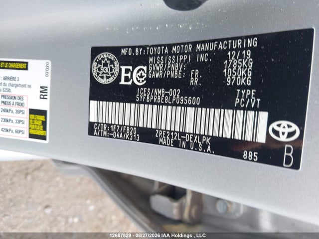 12687829 :رقم المزاد ، 5YFBPRBE8LP095600 vin ، 2020 Toyota Corolla Le مزاد بيع