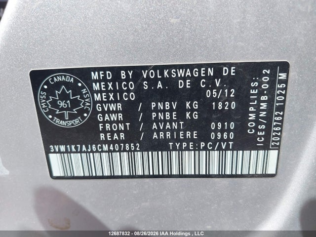 Aukcja sprzedaży 2012 Volkswagen Jetta, vin: 3VW1K7AJ6CM407852, numer aukcji: 12687832