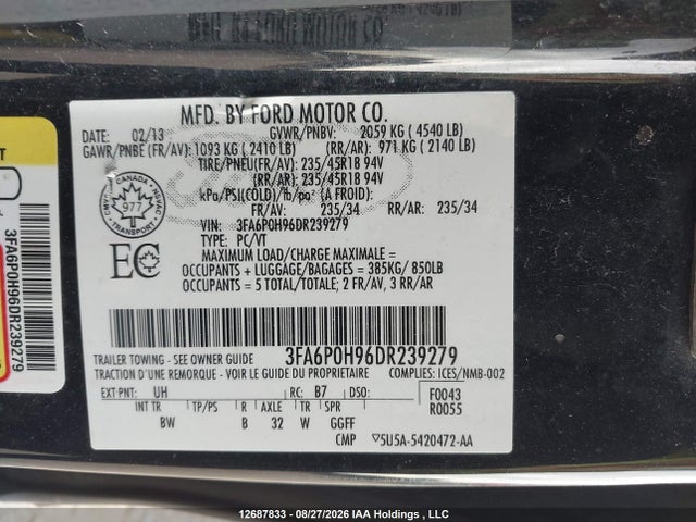 Aukcja sprzedaży 2013 Ford Fusion Se, vin: 3FA6P0H96DR239279, numer aukcji: 12687833