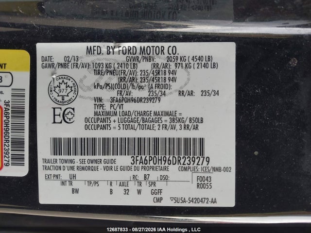 Aukcja sprzedaży 2013 Ford Fusion Se, vin: 3FA6P0H96DR239279, numer aukcji: 12687833