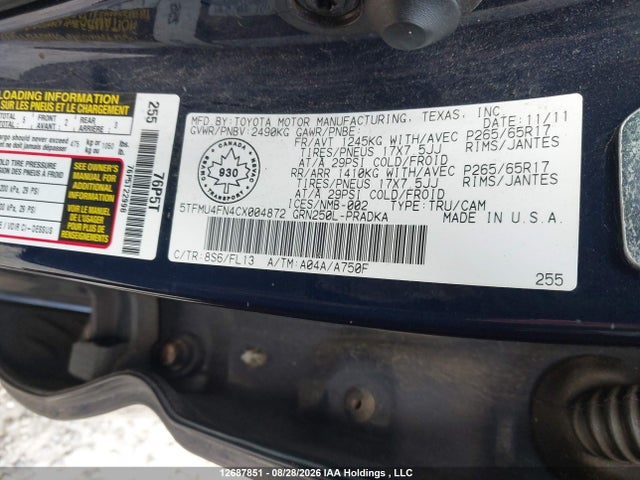 Продажа на аукционе авто 2012 Toyota Tacoma V6, vin: 5TFMU4FN4CX004872, номер лота: 12687851