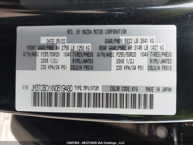 2022 Mazda Cx-9 Touring მანქანა იყიდება აუქციონზე, vin: JM3TCBCYXN0619480, აუქციონის ნომერი: 12687852