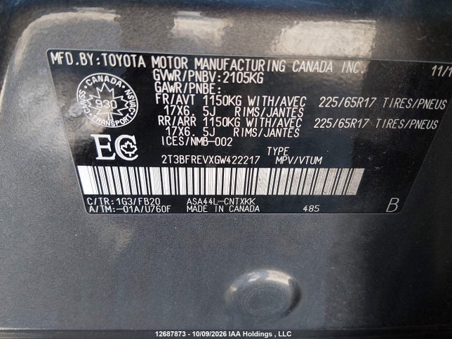 Aukcja sprzedaży 2016 Toyota Rav4 Le, vin: 2T3BFREVXGW422217, numer aukcji: 12687873