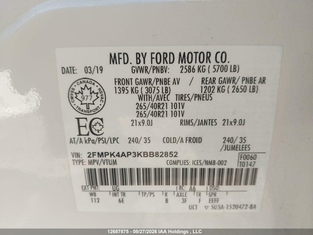 Продаж на аукціоні авто 2019 Ford Edge St, vin: 2FMPK4AP3KBB82852, номер лоту: 12687875