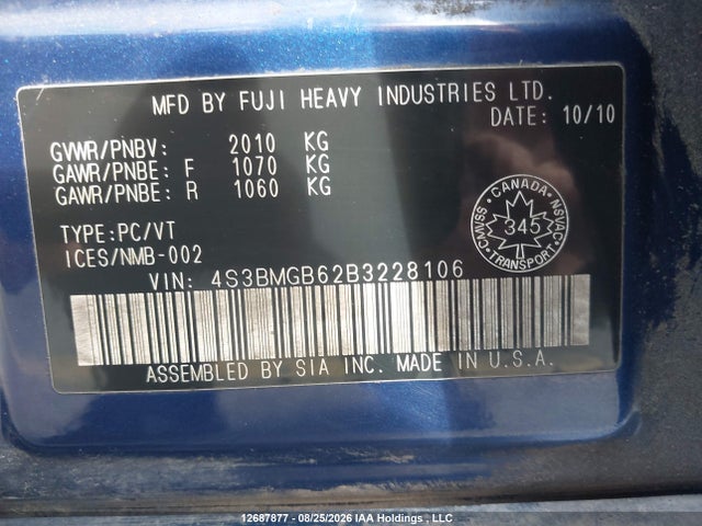 2011 Subaru Legacy 2.5i Premium მანქანა იყიდება აუქციონზე, vin: 4S3BMGB62B3228106, აუქციონის ნომერი: 12687877