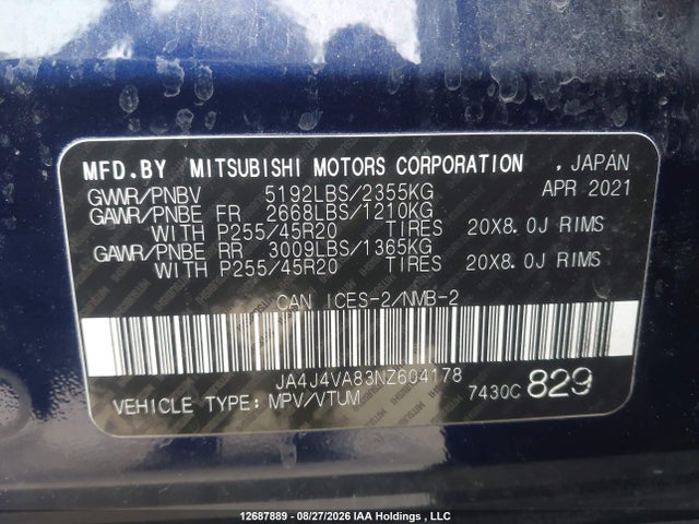 Aukcja sprzedaży 2022 Mitsubishi Outlander Gt/gt Premium, vin: JA4J4VA83NZ604178, numer aukcji: 12687889