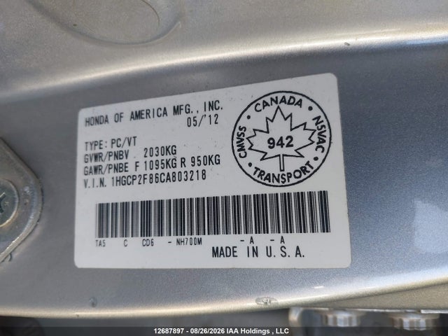 Продаж на аукціоні авто 2012 Honda Accord Ex-l, vin: 1HGCP2F86CA803218, номер лоту: 12687897