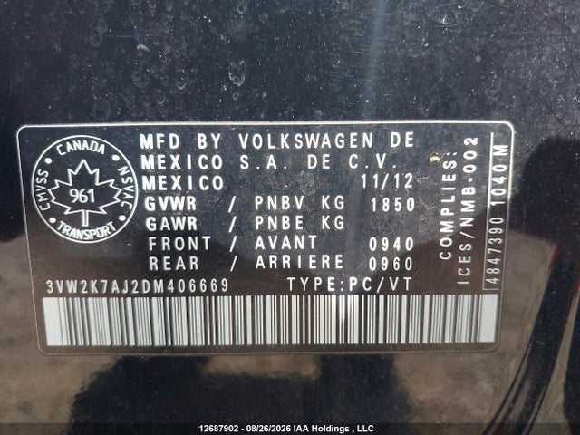 2013 Volkswagen Jetta 2.0l Trendline/2.0l Trendline+ მანქანა იყიდება აუქციონზე, vin: 3VW2K7AJ2DM406669, აუქციონის ნომერი: 12687902