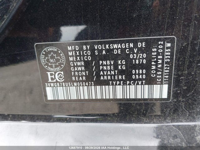 Aukcja sprzedaży 2020 Volkswagen Jetta Sel Premium, vin: 3VWGB7BU5LM050473, numer aukcji: 12687910