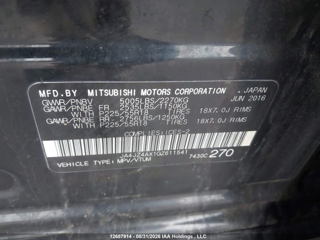 Продаж на аукціоні авто 2016 Mitsubishi Outlander Gt, vin: JA4JZ4AX1GZ611541, номер лоту: 12687914