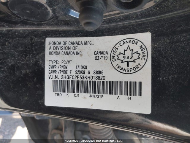 Продаж на аукціоні авто 2019 Honda Civic Lx, vin: 2HGFC2E53KH018820, номер лоту: 12687926