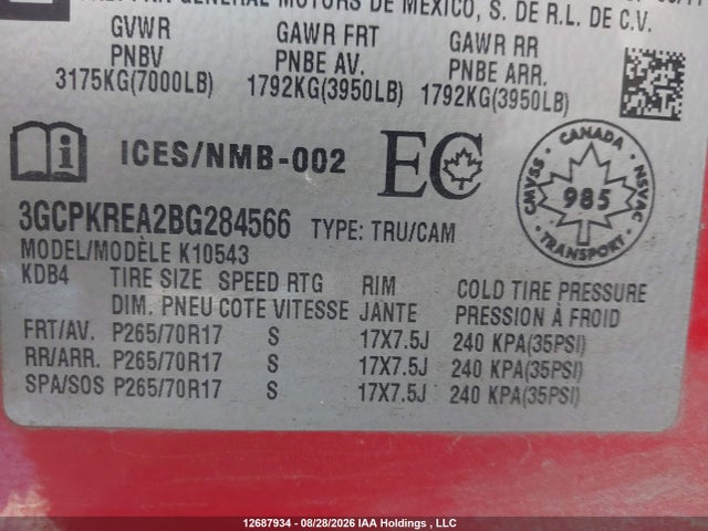 2011 Chevrolet Silverado 1500 მანქანა იყიდება აუქციონზე, vin: 3GCPKREA2BG284566, აუქციონის ნომერი: 12687934