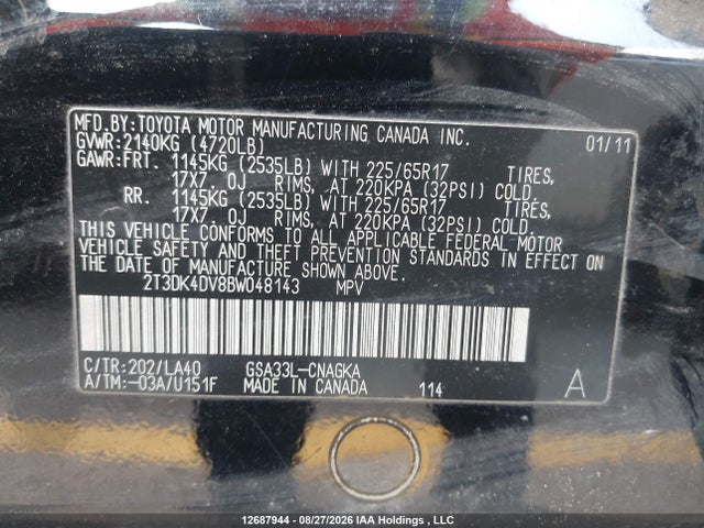 Aukcja sprzedaży 2011 Toyota Rav4 Limited, vin: 2T3DK4DV8BW048143, numer aukcji: 12687944