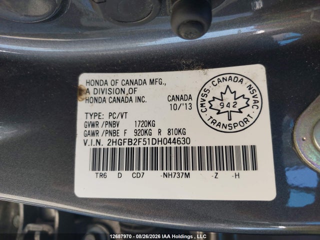 12687970 :رقم المزاد ، 2HGFB2F51DH044630 vin ، 2013 Honda Civic Ex مزاد بيع