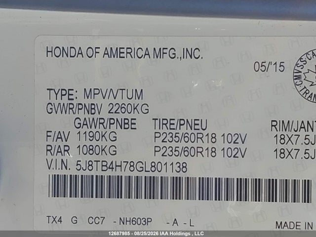 5J8TB4H78GL801138 Acura Rdx Advance