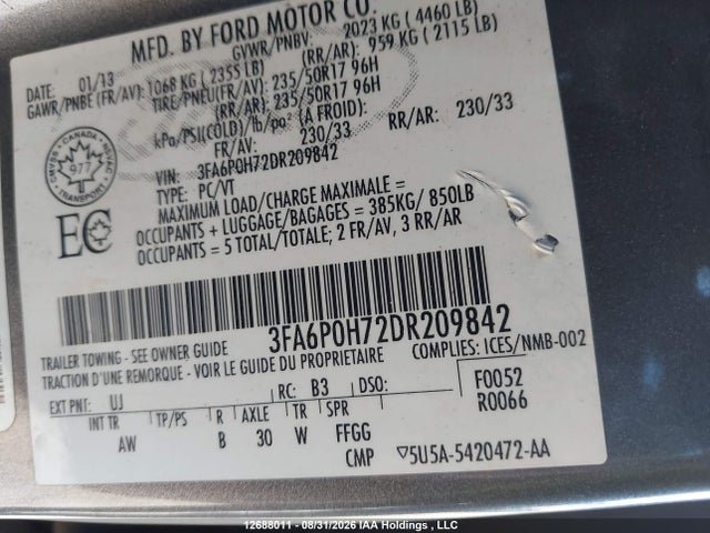 Aukcja sprzedaży 2013 Ford Fusion Se, vin: 3FA6P0H72DR209842, numer aukcji: 12688011
