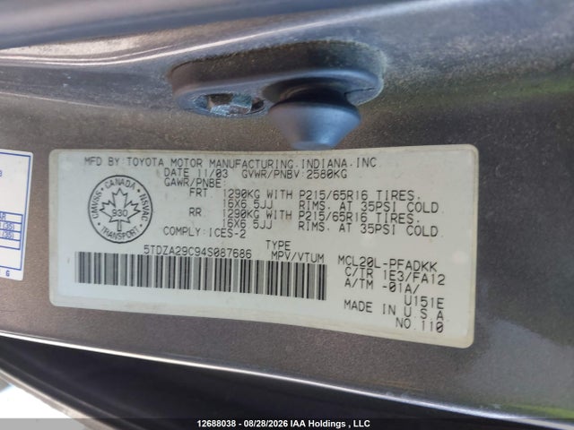 Продажа на аукционе авто 2004 Toyota Sienna Ce, vin: 5TDZA29C94S087686, номер лота: 12688038