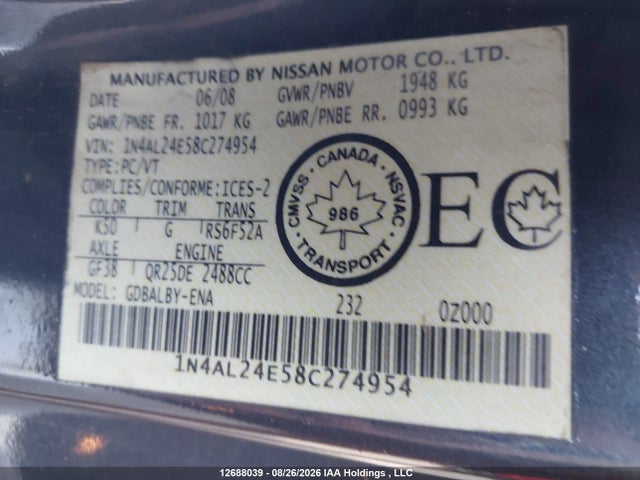 12688039 :رقم المزاد ، 1N4AL24E58C274954 vin ، 2008 Nissan Altima مزاد بيع