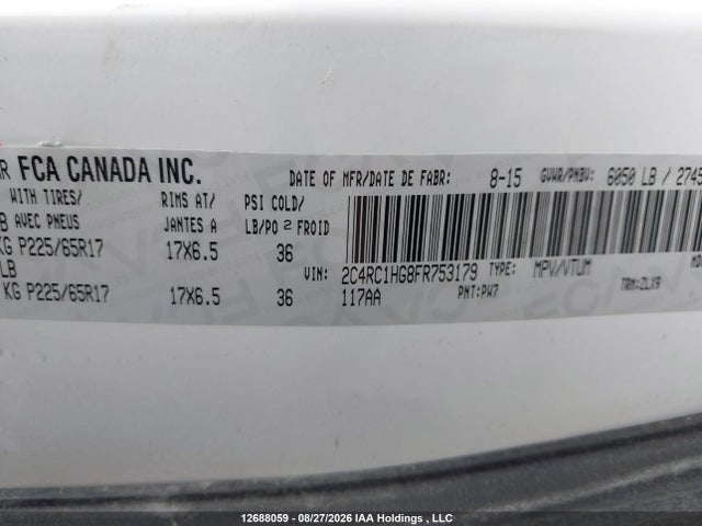 2015 Chrysler Town & Country S მანქანა იყიდება აუქციონზე, vin: 2C4RC1HG8FR753179, აუქციონის ნომერი: 12688059