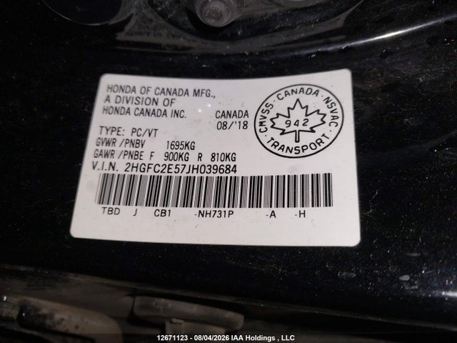 Honda Civic Lx 2018 2HGFC2E57JH039684 Image 9