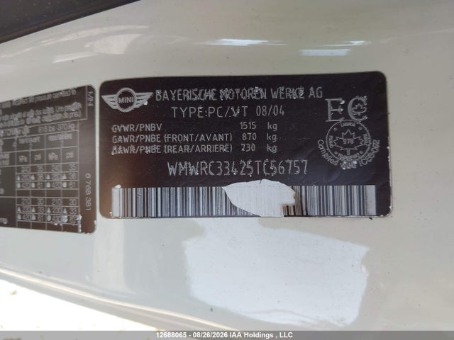 Продажа на аукционе авто 2005 Mini Cooper, vin: WMWRC33425TC56757, номер лота: 12688065
