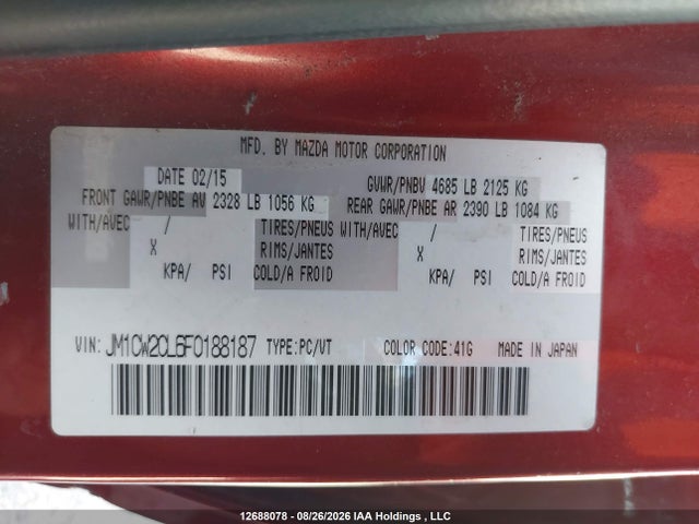 Продажа на аукционе авто 2015 Mazda Mazda5 Gs, vin: JM1CW2CL6F0188187, номер лота: 12688078
