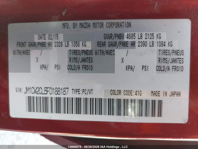 Продажа на аукционе авто 2015 Mazda Mazda5 Gs, vin: JM1CW2CL6F0188187, номер лота: 12688078