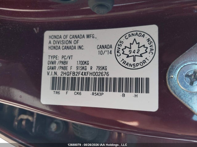 2015 Honda Civic Lx მანქანა იყიდება აუქციონზე, vin: 2HGFB2F4XFH002676, აუქციონის ნომერი: 12688079