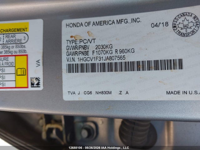 Продаж на аукціоні авто 2018 Honda Accord Sport, vin: 1HGCV1F31JA807565, номер лоту: 12688106