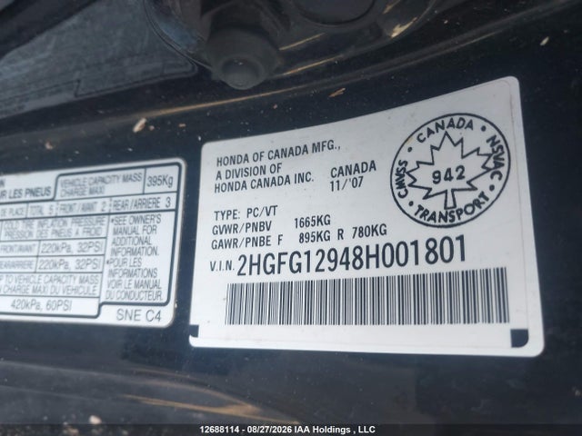 2008 Honda Civic Ex-l მანქანა იყიდება აუქციონზე, vin: 2HGFG12948H001801, აუქციონის ნომერი: 12688114