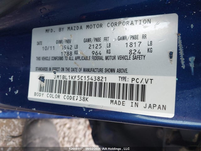 12688117 :رقم المزاد ، JM1BL1KF5C1543821 vin ، 2012 Mazda 3 I مزاد بيع