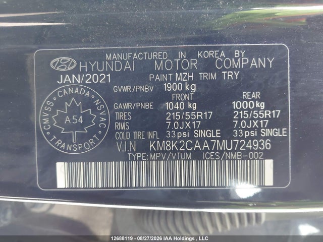 Продаж на аукціоні авто 2021 Hyundai Kona Preferred Awd, vin: KM8K2CAA7MU724936, номер лоту: 12688119