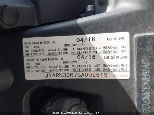 Продажа на аукционе авто 2016 Yamaha Fz09, vin: JYARN33N7GA002619, номер лота: 12688124