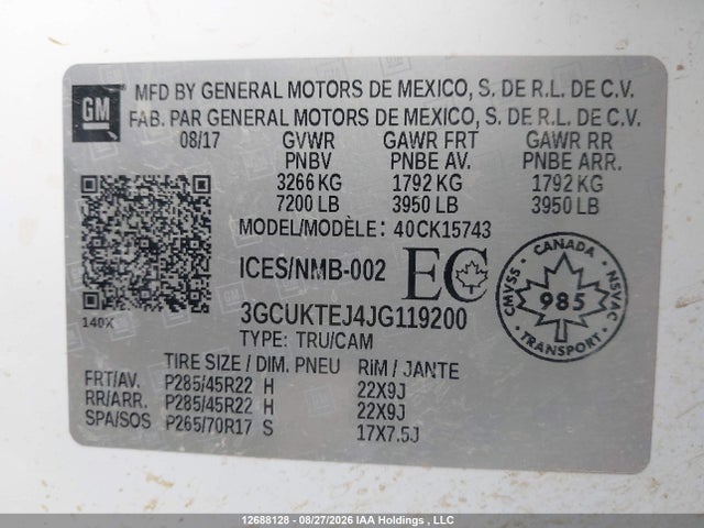 2018 Chevrolet Silverado K1500 High Country მანქანა იყიდება აუქციონზე, vin: 3GCUKTEJ4JG119200, აუქციონის ნომერი: 12688128