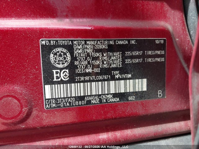 12688132 :رقم المزاد ، 2T3R1RFV7LC067871 vin ، 2020 Toyota Rav4 Xle/xle Premium مزاد بيع