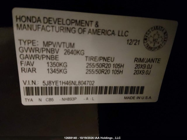 12688140 :رقم المزاد ، 5J8YE1H46NL804702 vin ، 2022 Acura Mdx Tech مزاد بيع