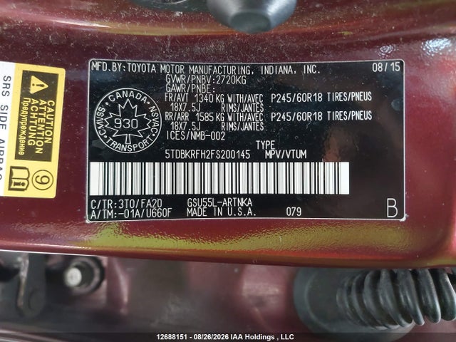 Продаж на аукціоні авто 2015 Toyota Highlander Le/le Plus, vin: 5TDBKRFH2FS200145, номер лоту: 12688151