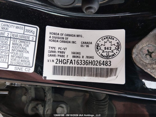 2006 Honda Civic Dx Vp მანქანა იყიდება აუქციონზე, vin: 2HGFA16336H026483, აუქციონის ნომერი: 12688155
