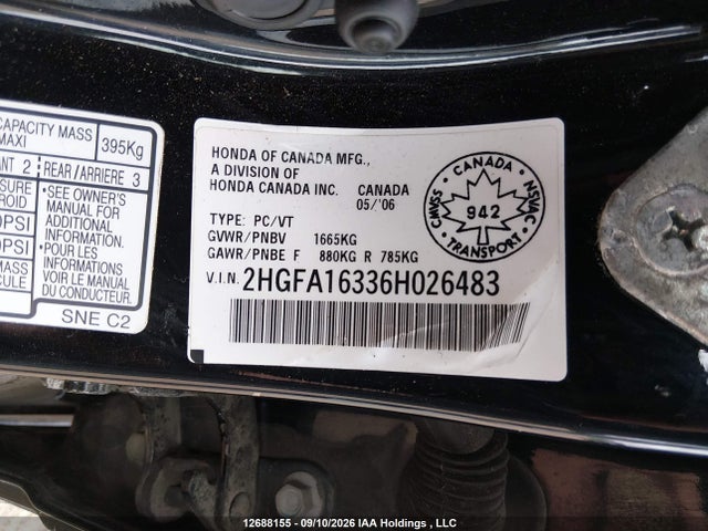 2006 Honda Civic Dx Vp მანქანა იყიდება აუქციონზე, vin: 2HGFA16336H026483, აუქციონის ნომერი: 12688155