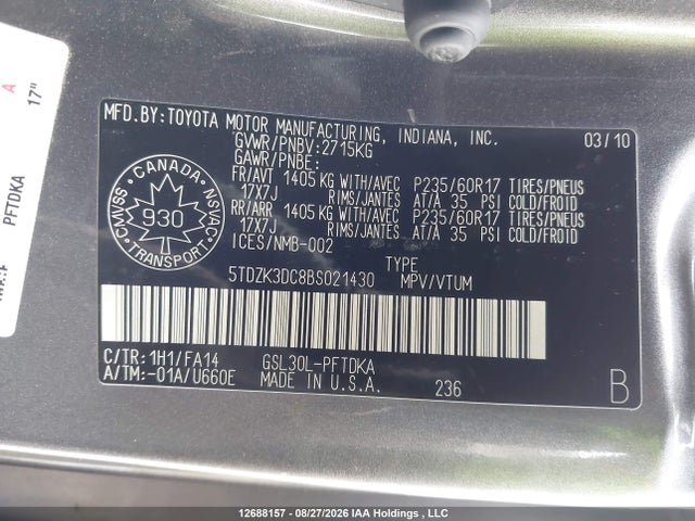 Auction sale of the 2011 Toyota Sienna V6 7 Passenger, vin: 5TDZK3DC8BS021430, lot number: 12688157