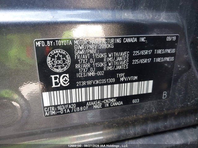 Aukcja sprzedaży 2019 Toyota Rav4 Xle/xle Premium, vin: 2T3R1RFV3KC051309, numer aukcji: 12688180