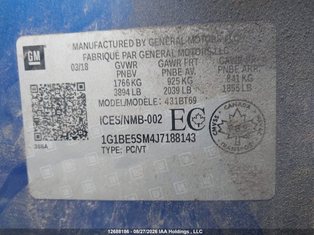 2018 Chevrolet Cruze მანქანა იყიდება აუქციონზე, vin: 1G1BE5SM4J7188143, აუქციონის ნომერი: 12688186