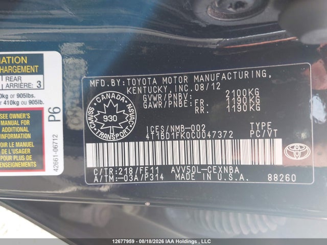 Aukcja sprzedaży 2012 Toyota Camry Hybrid Le, vin: 4T1BD1FK0CU047372, numer aukcji: 12677959
